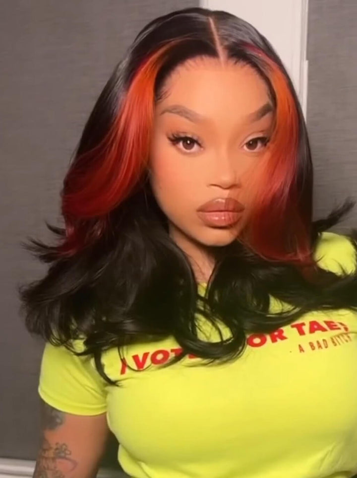SZC 300 Density Black With Ginger Skunk Stripe 13x4 HD Lace Front Human Hair Wigs