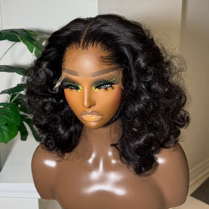 SZC Fluffy Bouncy Loose Body Wave Short Bob 13x4 Lace Frontal Human Hair Wigs