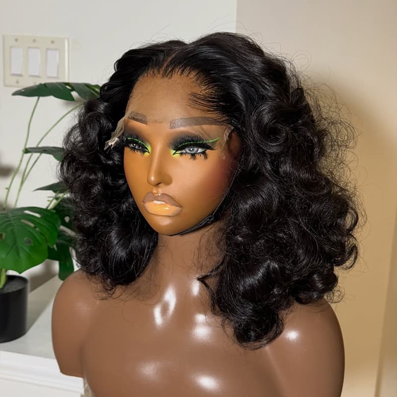 SZC Fluffy Bouncy Loose Body Wave Short Bob 13x4 Lace Frontal Human Hair Wigs