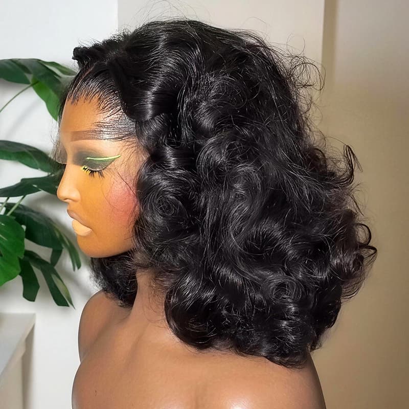 SZC Fluffy Bouncy Loose Body Wave Short Bob 13x4 Lace Frontal Human Hair Wigs