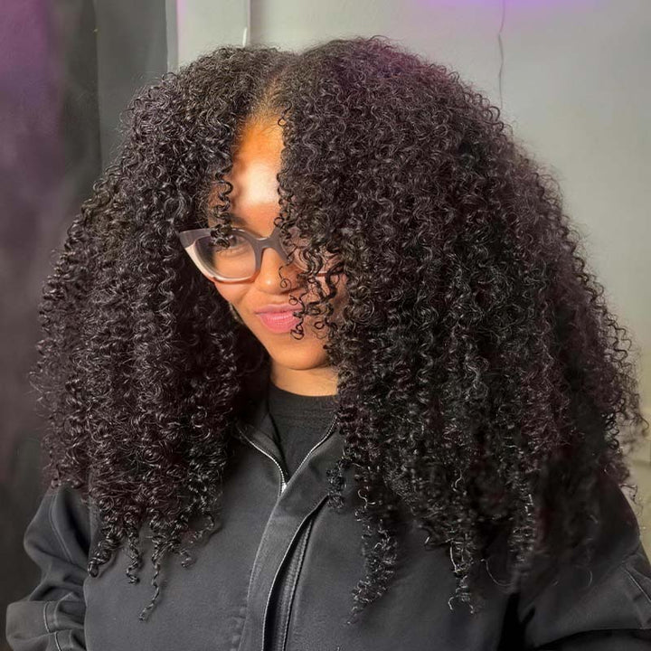 SZC Fluffy Kinky Curly Coils Short Bob Natural Black 13x4 Lace Frontal Human Hair Wigs
