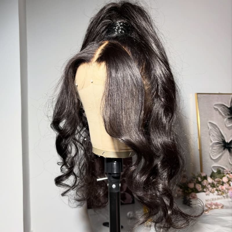 SZC Full Lace Free Part Anywhere Updo Ponytails Buns Friendly Wavy Human Hair Wigs