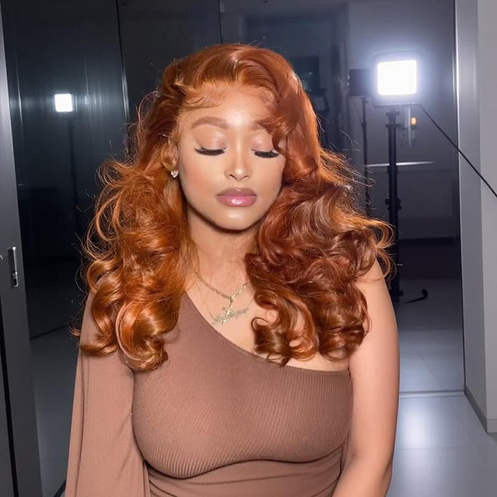 SZC Ginger Orange Loose Wave Curls 300 Density 13x4 Lace Front Human Hair Wigs