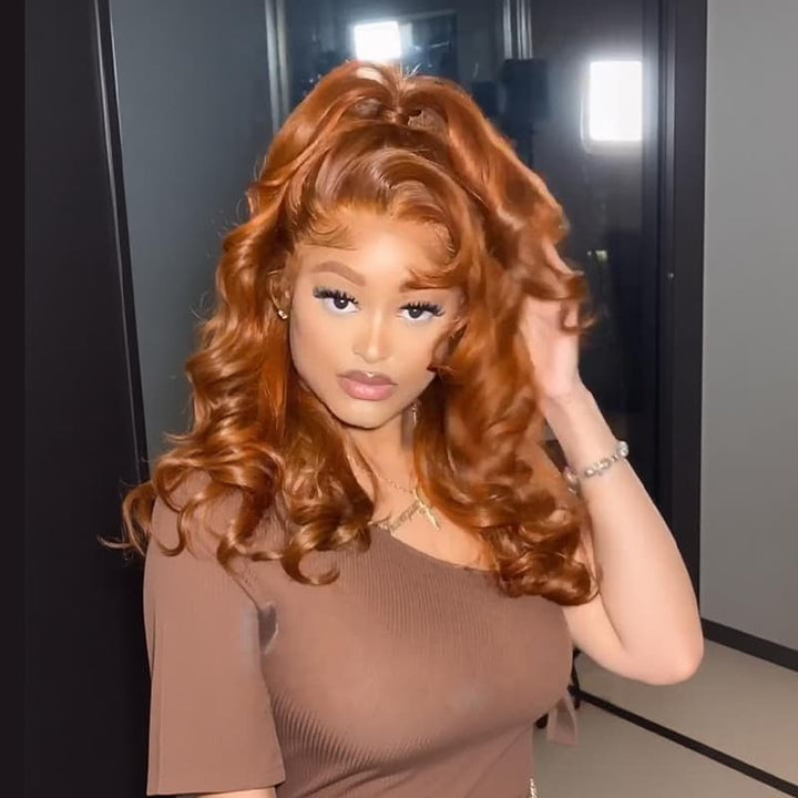 SZC Ginger Orange Loose Wave Curls 300 Density 13x4 Lace Front Human Hair Wigs