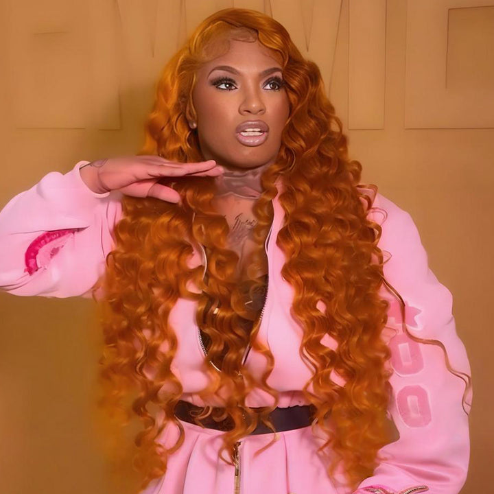 SZC Ginger Reddish Brown Wand Curls 13x4 Lace Front Virgin Human Hair Wigs 200 Density