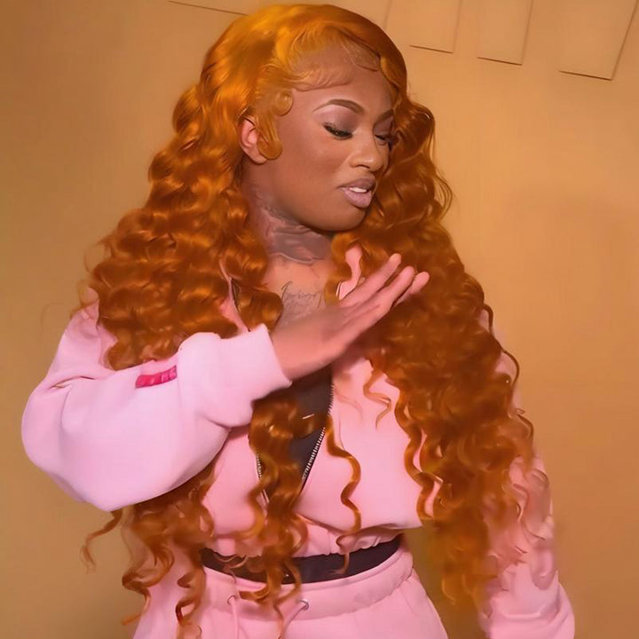 SZC Ginger Reddish Brown Wand Curls 13x4 Lace Front Virgin Human Hair Wigs 200 Density