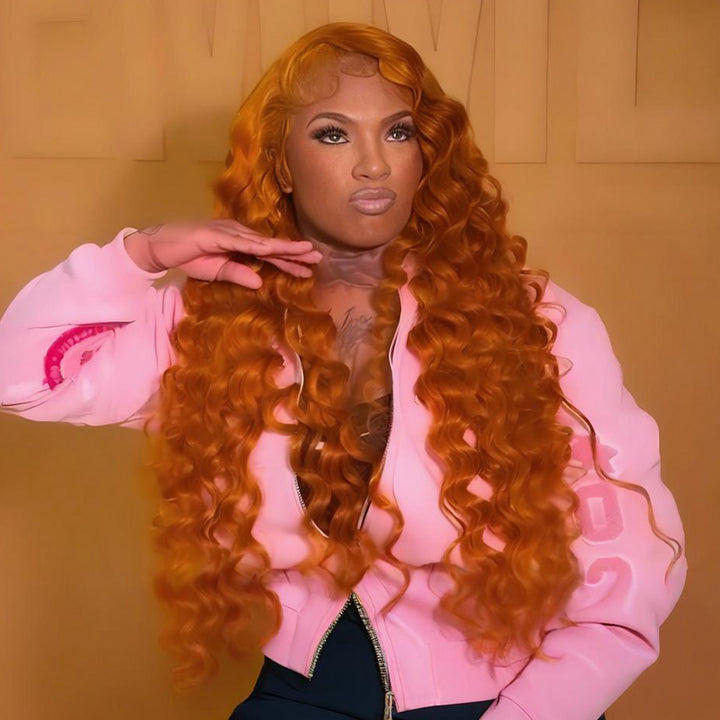 SZC Ginger Reddish Brown Wand Curls 13x4 Lace Front Virgin Human Hair Wigs 200 Density