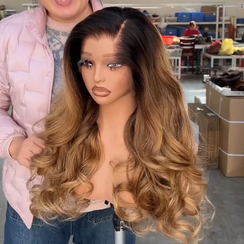 SZC Golden Honey Caramel Brown with Dark Roots 13X4 Lace Front Human Hair Wigs 250 300 Density