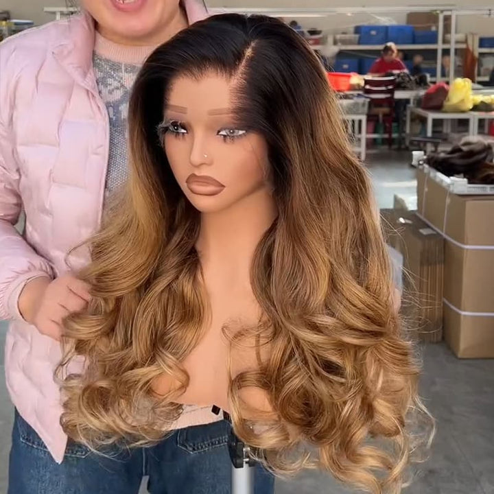 SZC Golden Honey Caramel Brown with Dark Roots 13X4 Lace Front Human Hair Wigs 250 300 Density
