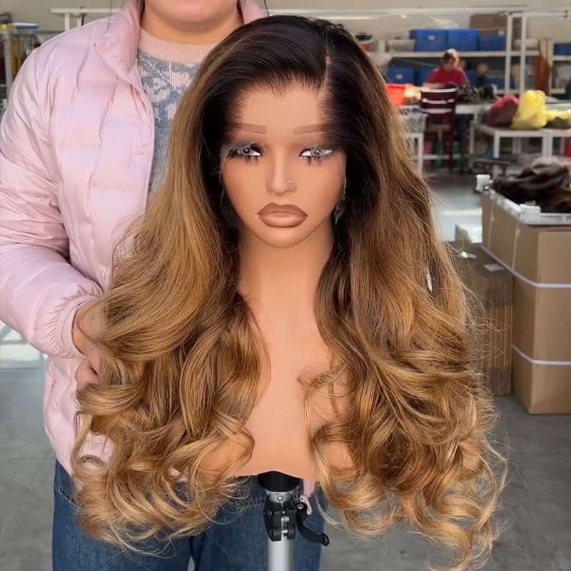 SZC Golden Honey Caramel Brown with Dark Roots 13X4 Lace Front Human Hair Wigs 250 300 Density