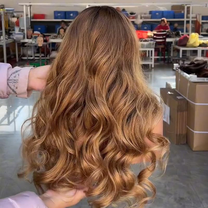 SZC Golden Honey Caramel Brown with Dark Roots 13X4 Lace Front Human Hair Wigs 250 300 Density