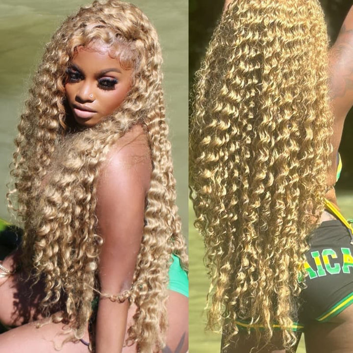 SZC Golden Strawberry Honey Blonde Deep Wave Curly 13x4 Lace Front Human Hair Wigs