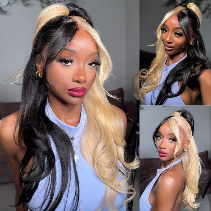 SZC Two Tone Split Color Half Black Half Blonde 200 Density 13x4 Lace Front Human Hair Wig