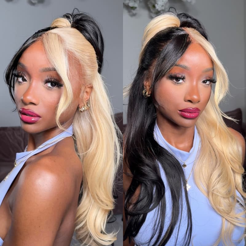 SZC Two Tone Split Color Half Black Half Blonde 200 Density 13x4 Lace Front Human Hair Wig