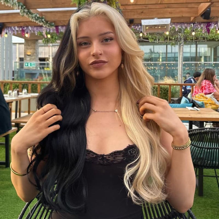 SZC Half Blonde Half Black Skunk Stripe 13x4 Lace Front Virgin Human Hair Wigs