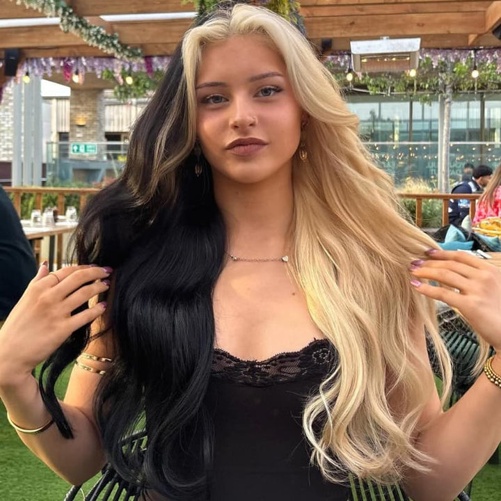 SZC Half Blonde Half Black Skunk Stripe 13x4 Lace Front Virgin Human Hair Wigs