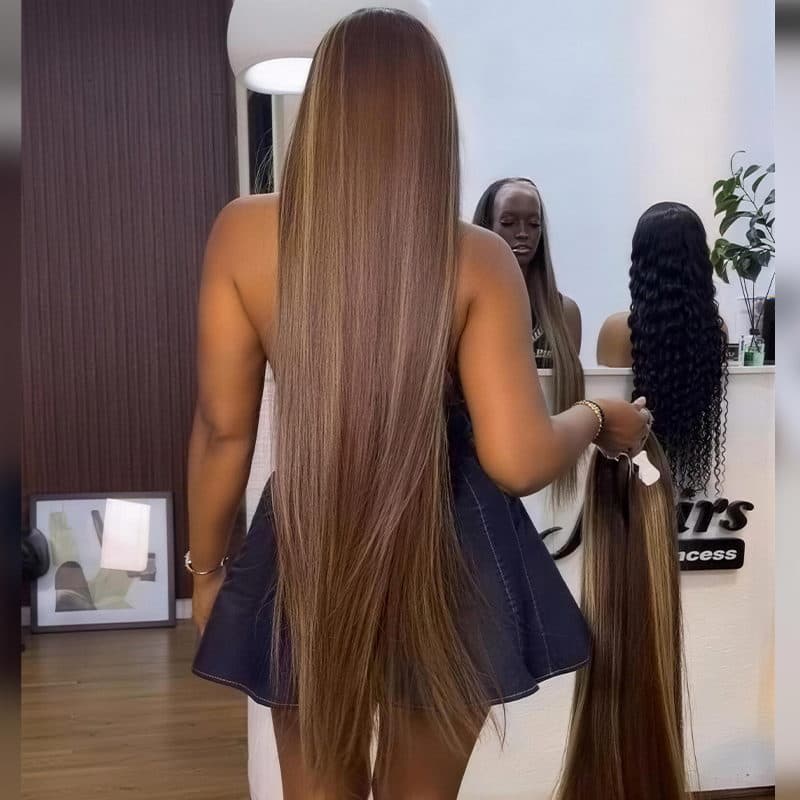 SZC Honey Blonde Brown Highlights 42 40 38 36 34 32 30 inch Knee Length 13x4 Lace Front Human Hair Wigs