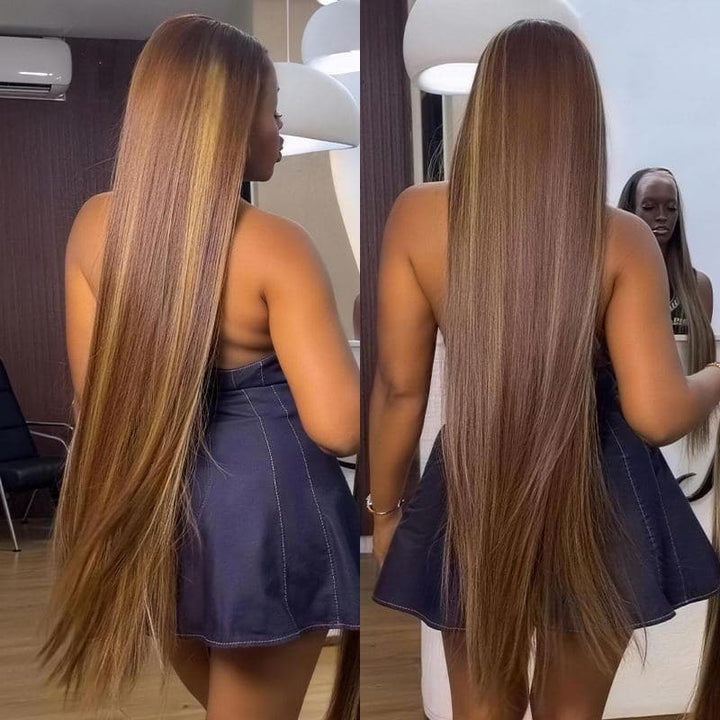 SZC Honey Blonde Brown Highlights 42 40 38 36 34 32 30 inch Knee Length 13x4 Lace Front Human Hair Wigs