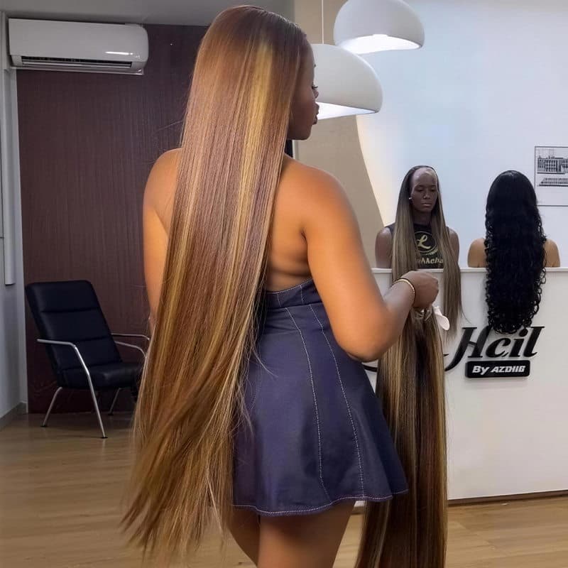 SZC Honey Blonde Brown Highlights 42 40 38 36 34 32 30 inch Knee Length 13x4 Lace Front Human Hair Wigs