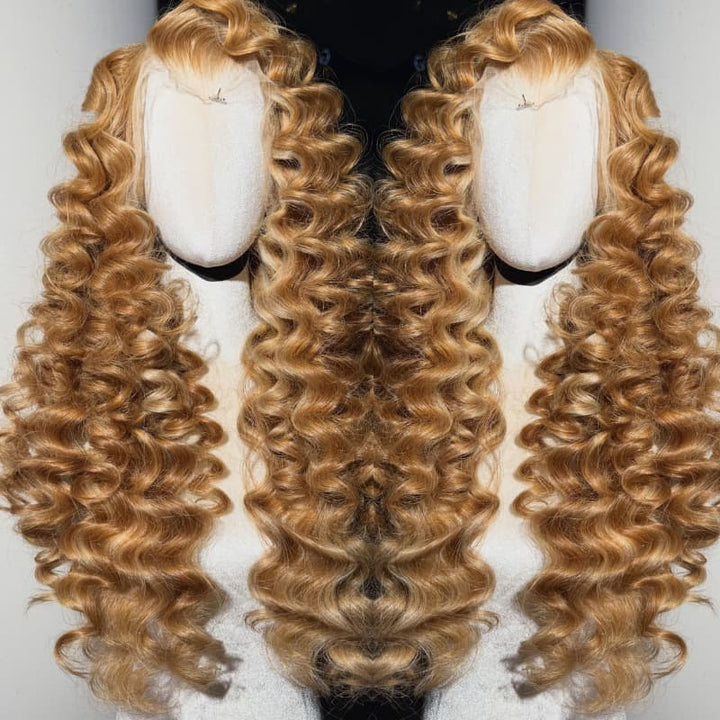 SZC Honey Blonde Highlight Loose Deep Wave 300 Density 13x4 Lace Front Human Hair Wig
