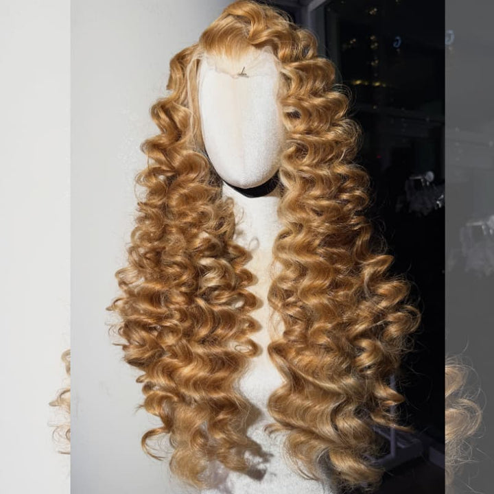 SZC Honey Blonde Highlight Loose Deep Wave 300 Density 13x4 Lace Front Human Hair Wig