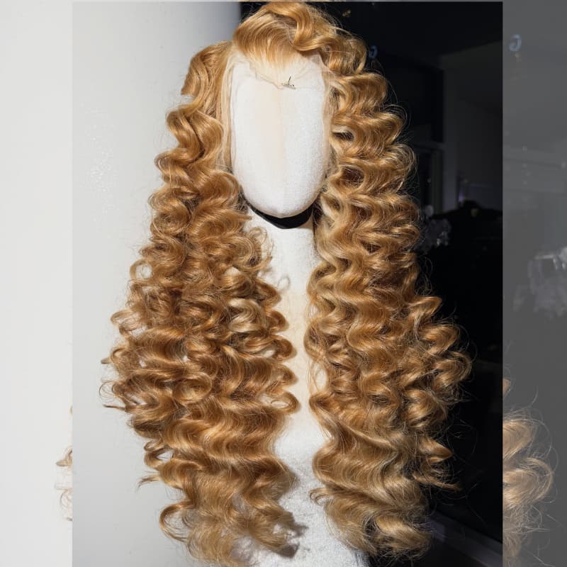 SZC Honey Blonde Highlight Loose Deep Wave 300 Density 13x4 Lace Front Human Hair Wig