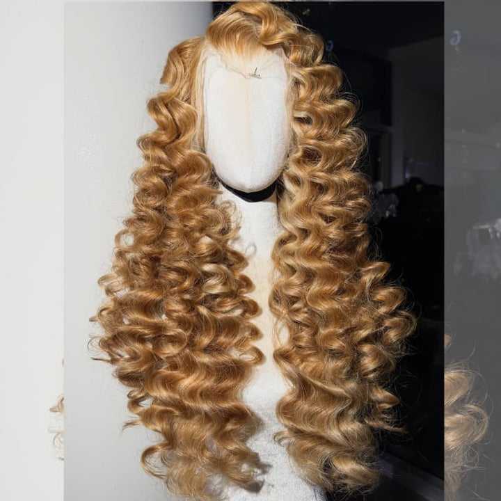 SZC Honey Blonde Highlight Loose Deep Wave 300 Density 13x4 Lace Front Human Hair Wig