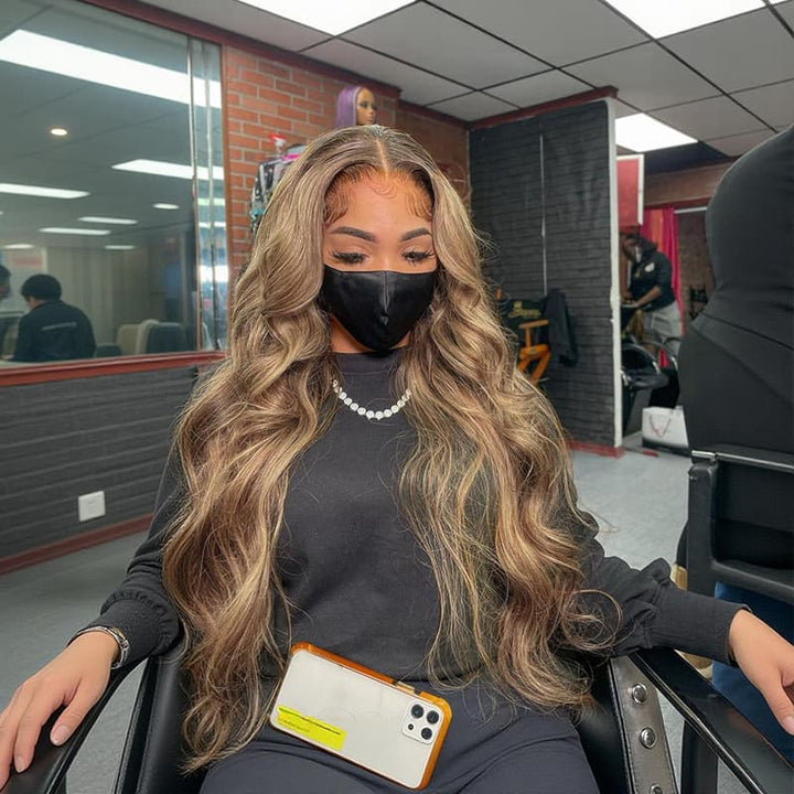 SZC Honey Brown Highlight 13x4 Lace Front Virgin Human Hair Wigs 200 Density
