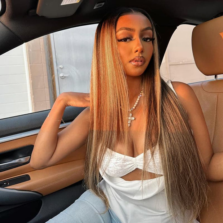 SZC Honey Brown Highlight 13x4 Lace Front Virgin Human Hair Wigs 200 Density