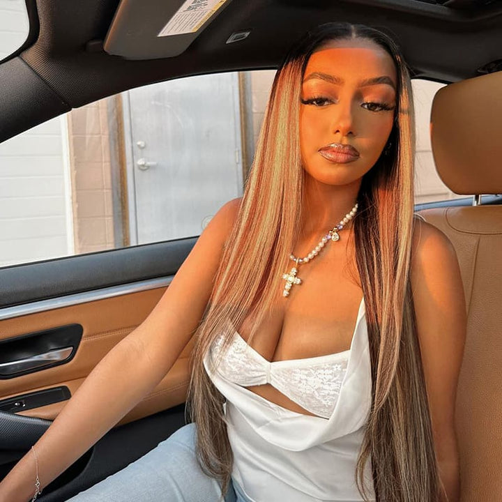 SZC Honey Brown Highlight 13x4 Lace Front Virgin Human Hair Wigs 200 Density