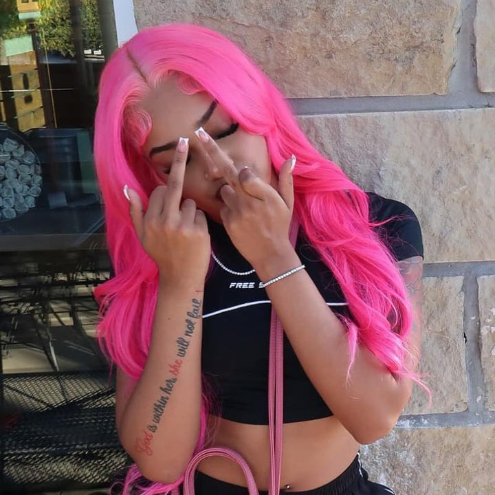 SZC Hot Pink 13x4 Lace Front Virgin Remy Human Hair Wig 200 Density