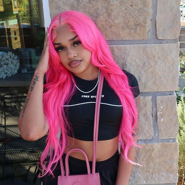 SZC Hot Pink 13x4 Lace Front Virgin Remy Human Hair Wig 200 Density