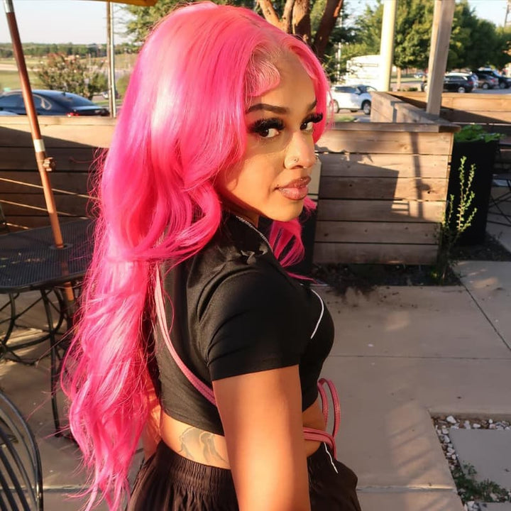 SZC Hot Pink 13x4 Lace Front Virgin Remy Human Hair Wig 200 Density