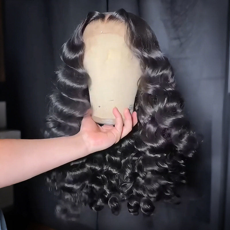 SZC Loose Deep Wave Wand Curls 13X4 Lace Front Human Hair Wigs 250 300 Density