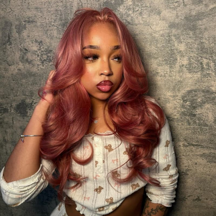 SZC Luxury Dusty Rose Copper Auburn Red 13x4 Lace Front Virgin Human Hair Wigs 200 Density