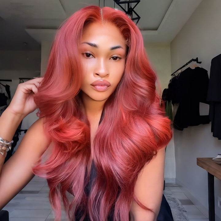 SZC Luxury Dusty Rose Copper Red 13x4 Lace Front Virgin Human Hair Wigs 200 Density