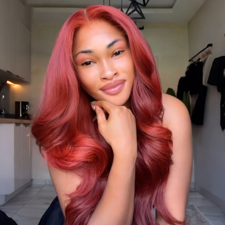 SZC Luxury Dusty Rose Copper Red 13x4 Lace Front Virgin Human Hair Wigs 200 Density