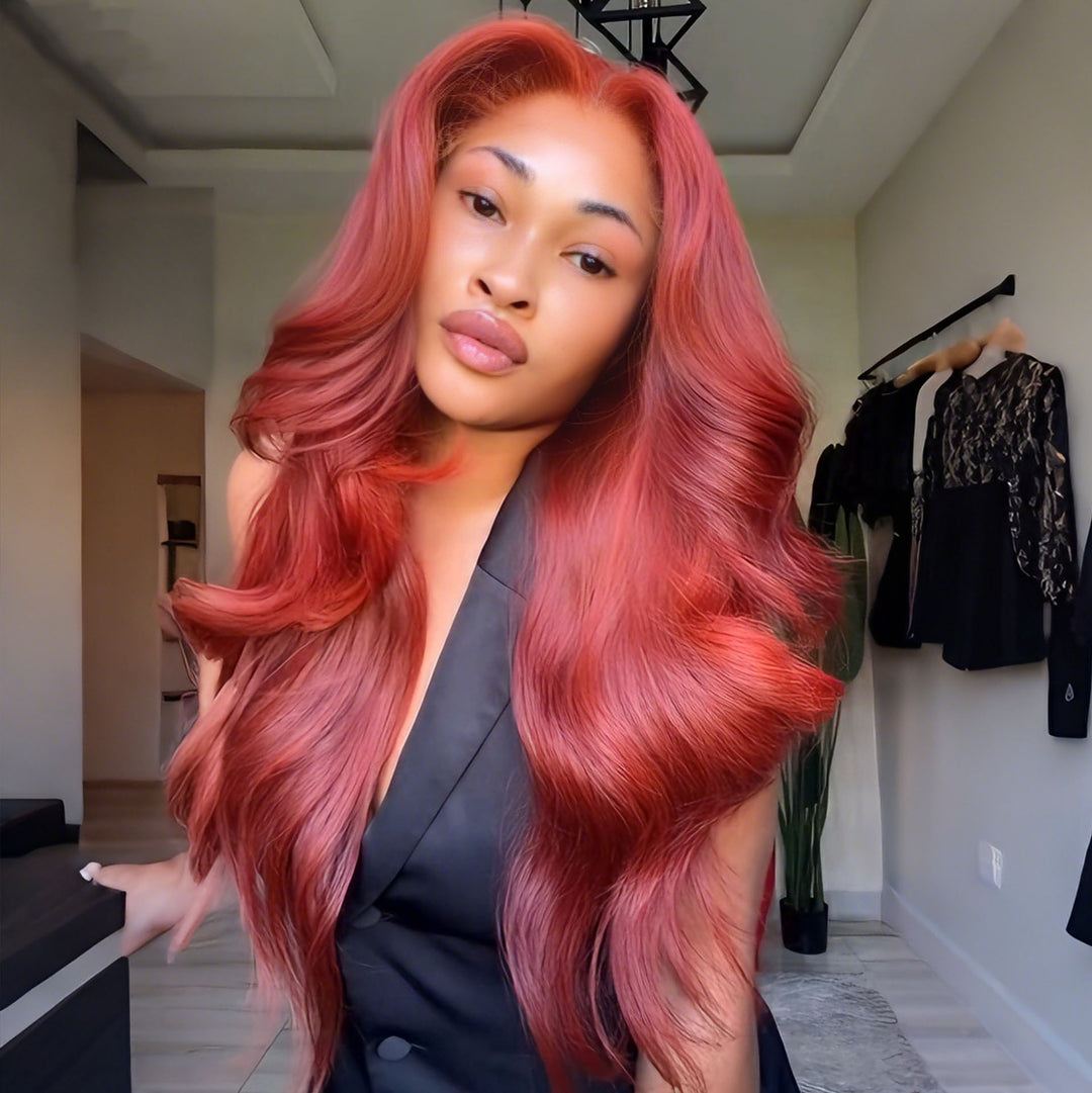 SZC Luxury Dusty Rose Copper Red 13x4 Lace Front Virgin Human Hair Wigs 200 Density