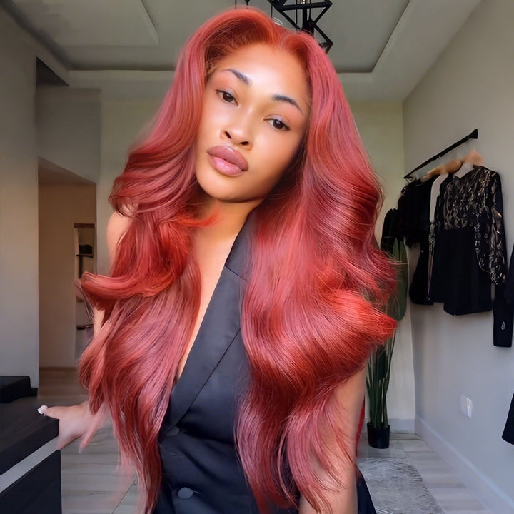 SZC Luxury Dusty Rose Copper Red 13x4 Lace Front Virgin Human Hair Wigs 200 Density