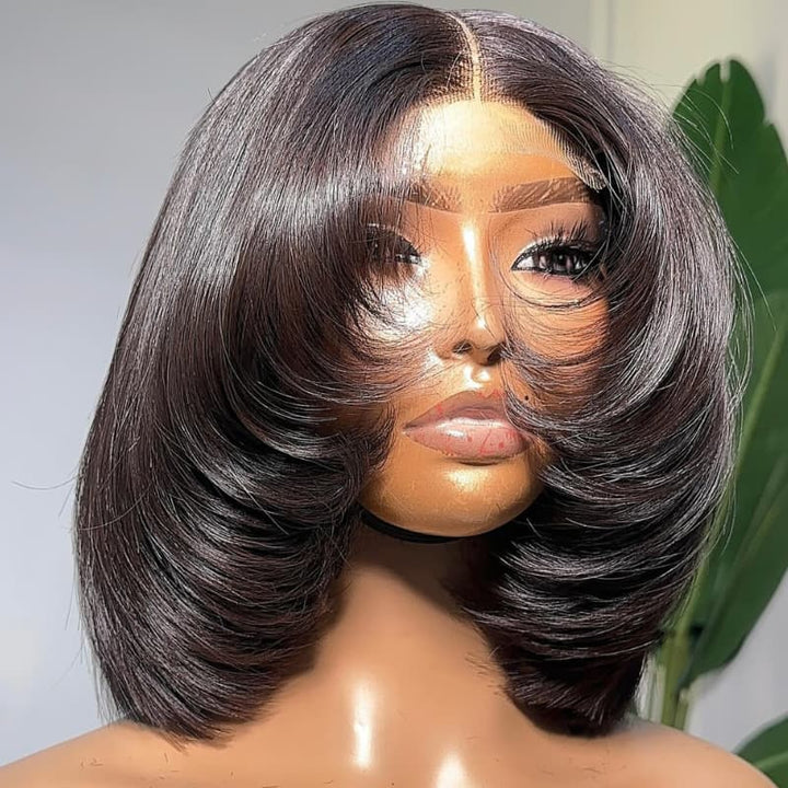 SZC Luxury Layered Rounded Blowout Short Bob 13x4 Lace Front Human Hair Wigs