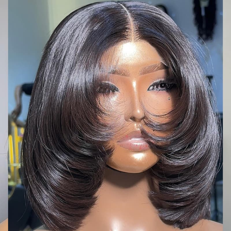 SZC Luxury Layered Rounded Blowout Short Bob 13x4 Lace Front Human Hair Wigs
