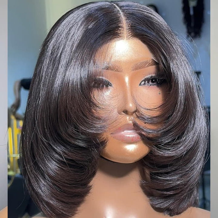 SZC Luxury Layered Rounded Blowout Short Bob 13x4 Lace Front Human Hair Wigs