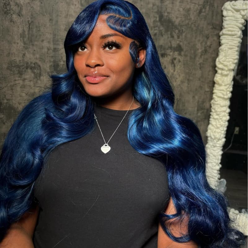 SZC Midnight Blue 13x4 Lace Front Virgin Remy Human Hair Wigs 200 Density