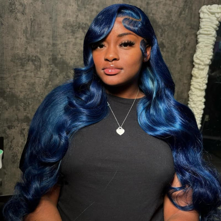 SZC Midnight Blue 13x4 Lace Front Virgin Remy Human Hair Wigs 200 Density
