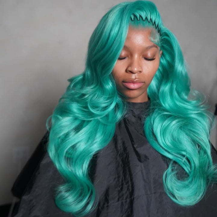 SZC Mint Teal Green 13x4 Lace Front Human Hair Wig 200 Density