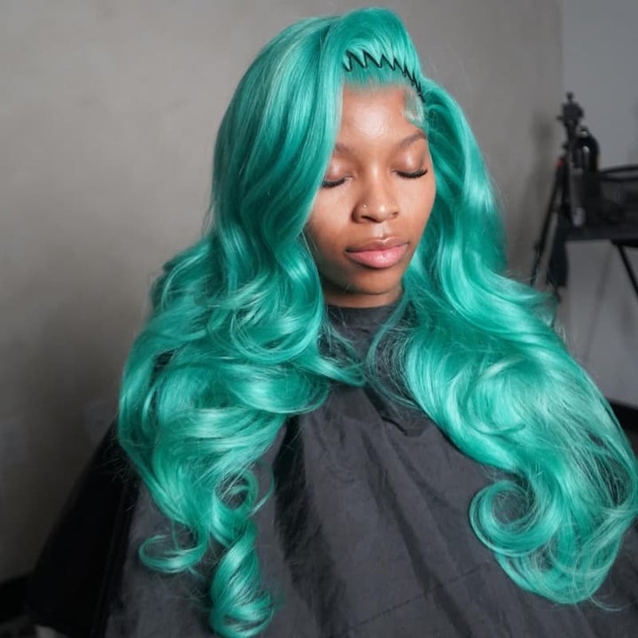 SZC Mint Teal Green 13x4 Lace Front Human Hair Wig 200 Density