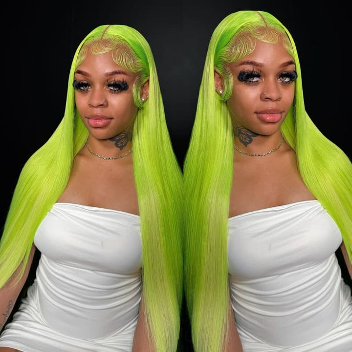 SZC Neon Electric Lime Green 13x4 Lace Front Virgin Human Hair Wigs 200 Density