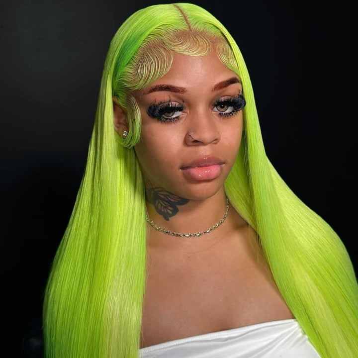 SZC Neon Electric Lime Green 13x4 Lace Front Virgin Human Hair Wigs 200 Density