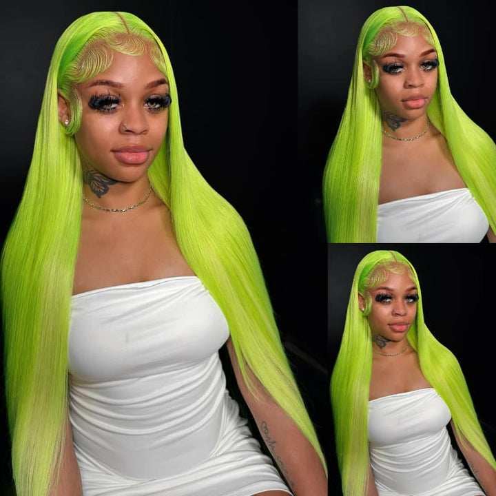 SZC Neon Electric Lime Green 13x4 Lace Front Virgin Human Hair Wigs 200 Density