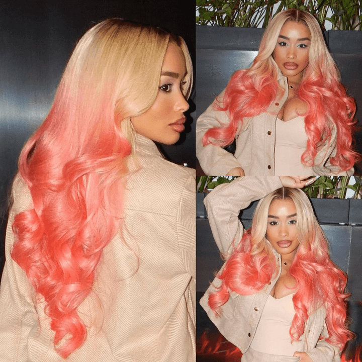 SZC Ombre Blonde Pink Wig With Dark Roots 13x4 Lace Front Human Hair Wigs